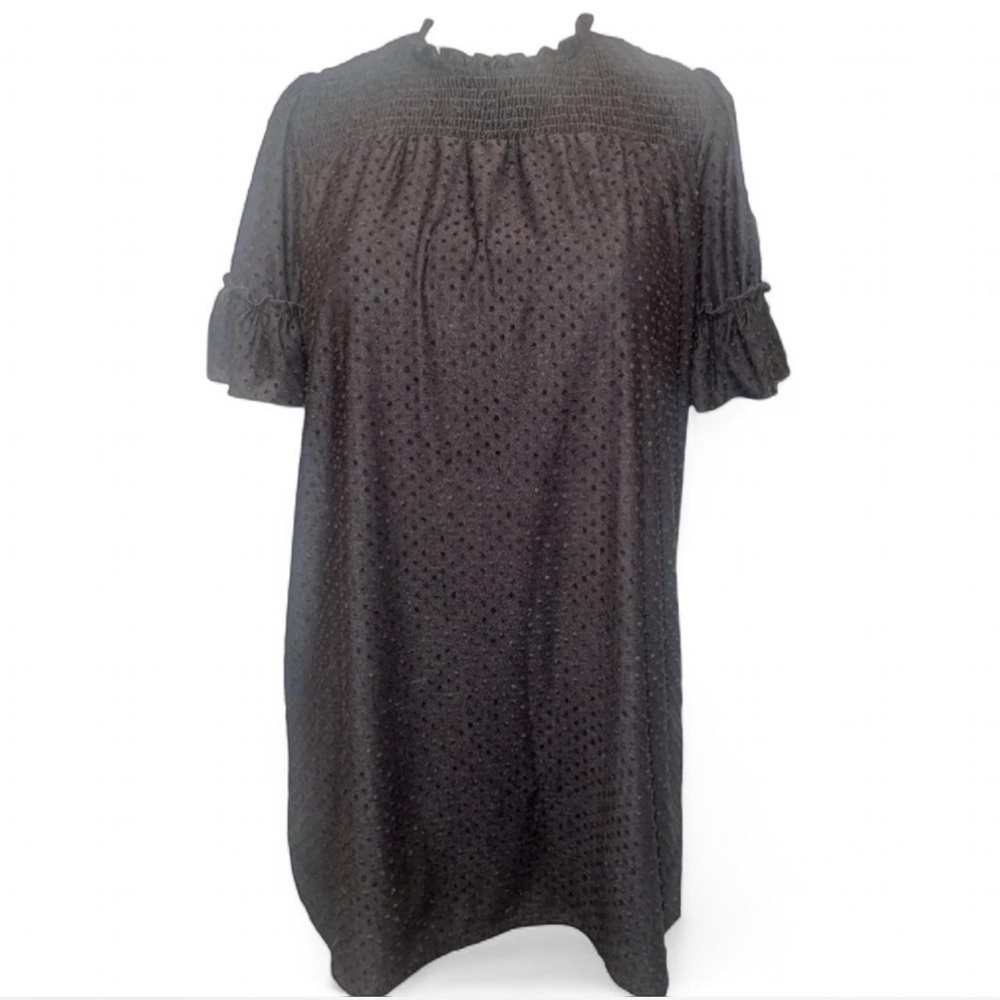 KƎ-NE-DIK  Black Swiss Dot Babydoll Mini Dress Smocked Bust, Ruffle  Medium